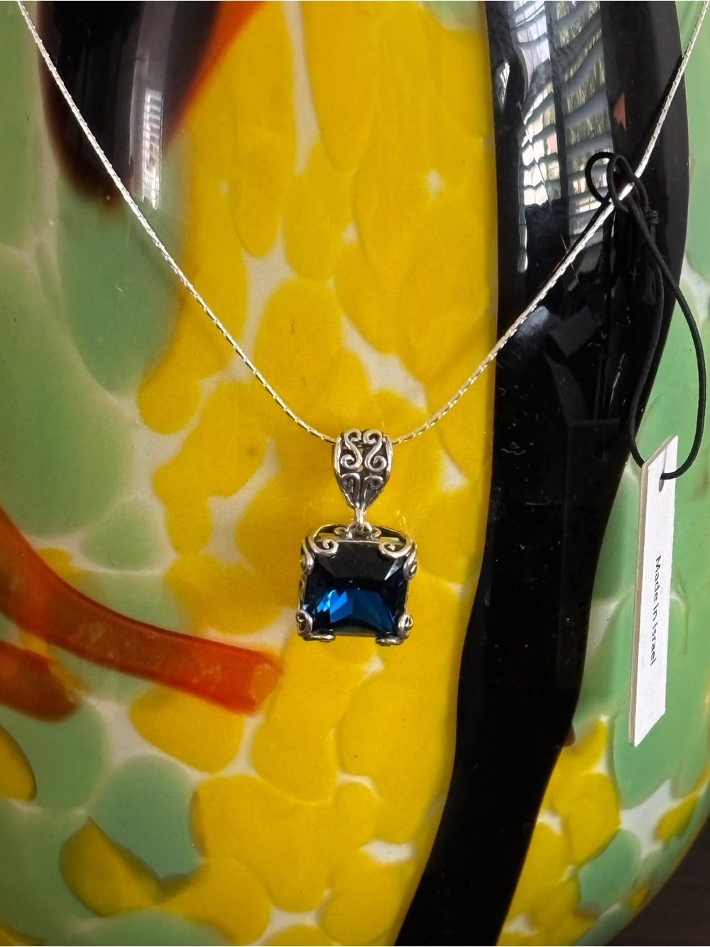 Noa Zuman Sterling Silver Blue Square Pendant necklace With Cubic Zirconia New